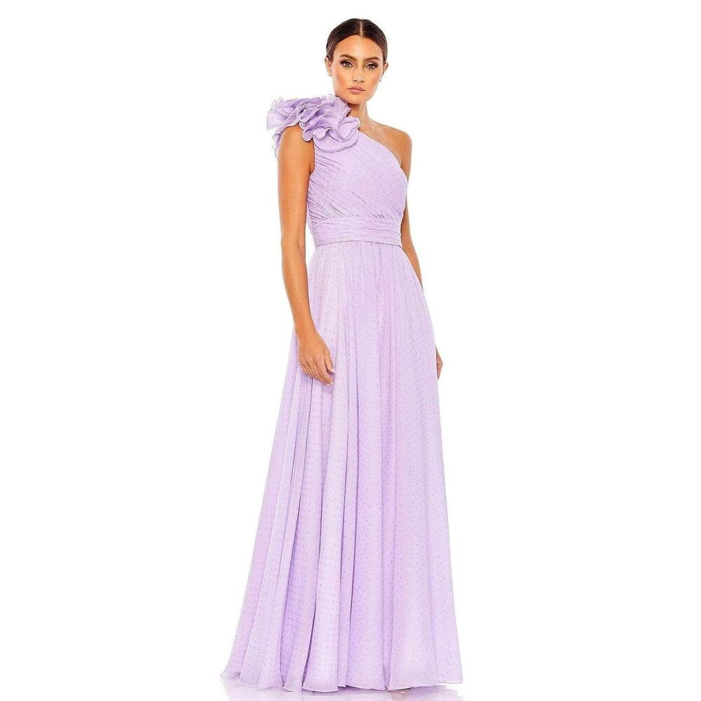 Mac Duggal 49536 Lilac Purple Polka Dot Ruffled One Shoulder Gown Size 2